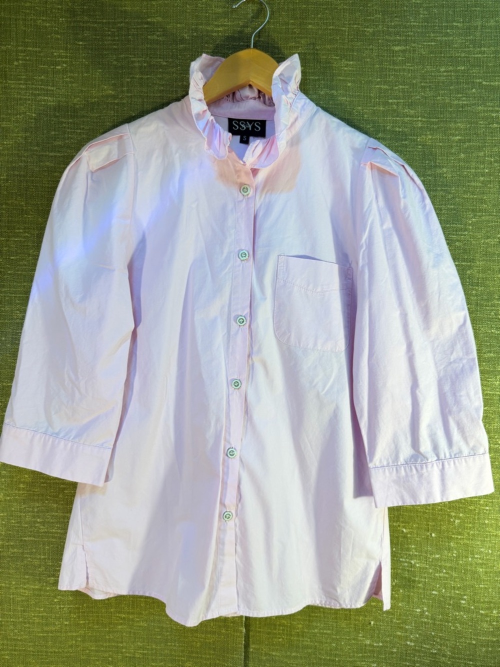 SSYS The Label Pink Ruffle Collar Poplin Button Down Top Puff Sleeve Size S